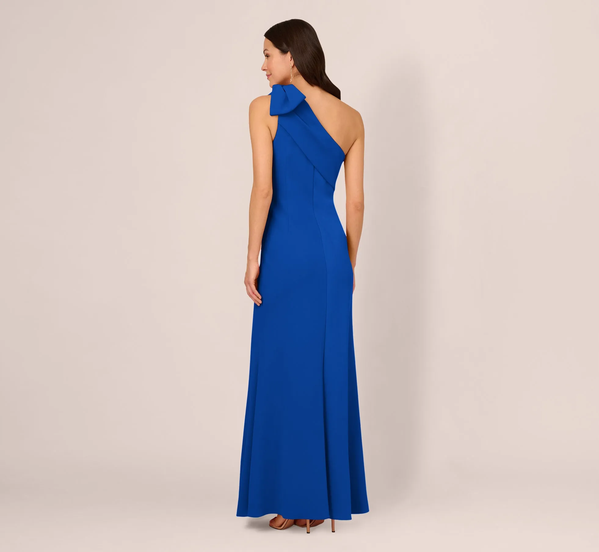 Stretch Crepe One Shoulder Mermaid Gown With Bow Accent In Violet Cobalt