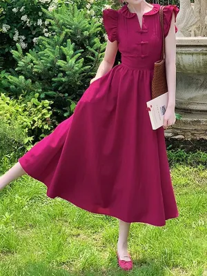 TastyHottie - Raspberry Red Flying Sleeve Summer Doll Collar A-Line Long Dress
