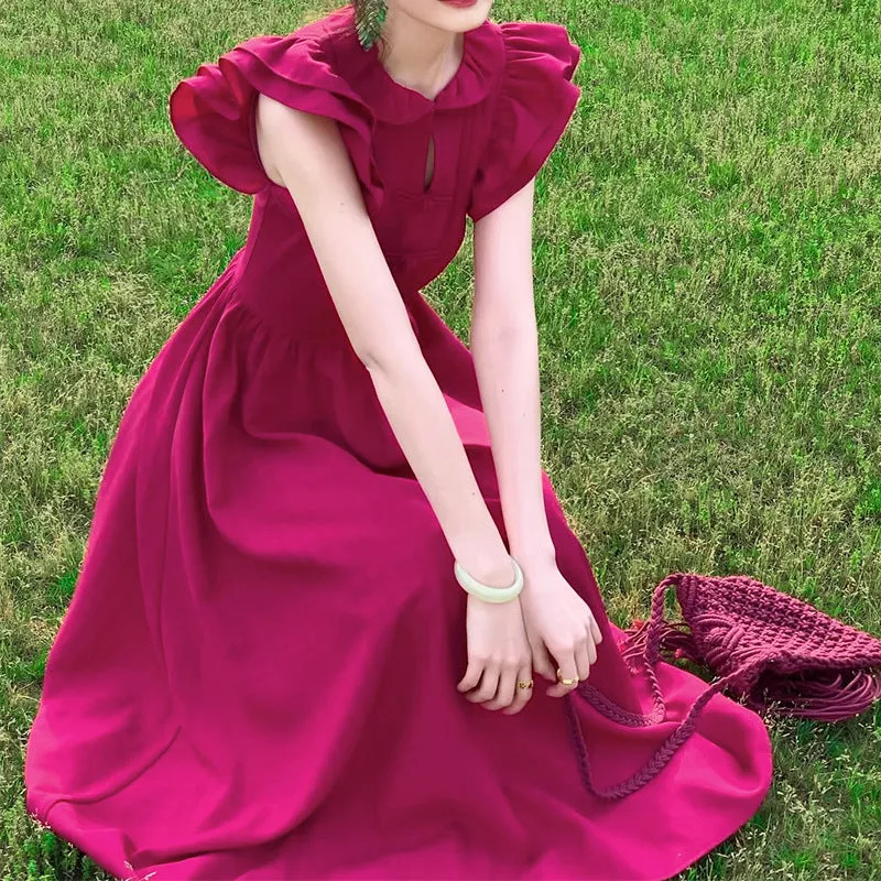 TastyHottie - Raspberry Red Flying Sleeve Summer Doll Collar A-Line Long Dress