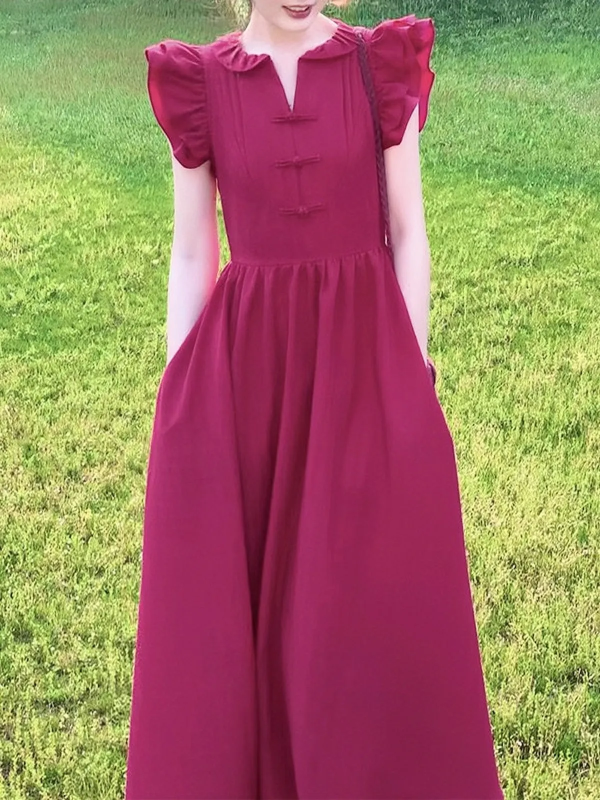 TastyHottie - Raspberry Red Flying Sleeve Summer Doll Collar A-Line Long Dress