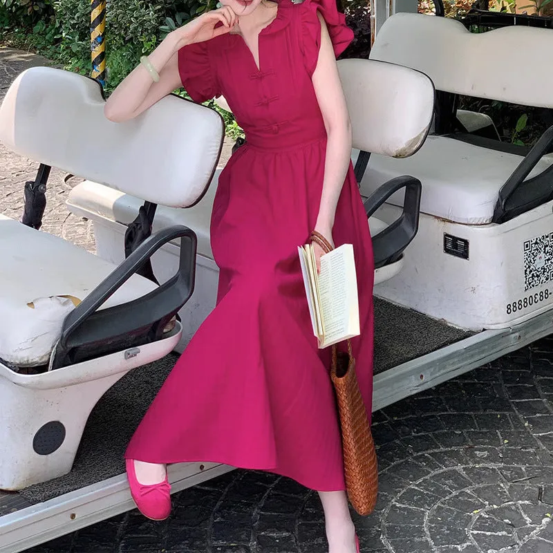 TastyHottie - Raspberry Red Flying Sleeve Summer Doll Collar A-Line Long Dress