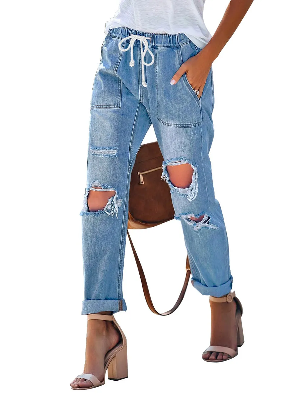 Vetinee Women's High Rise Destroyed Boyfriend Jeans Washed Distressed Ripped Denim Pants