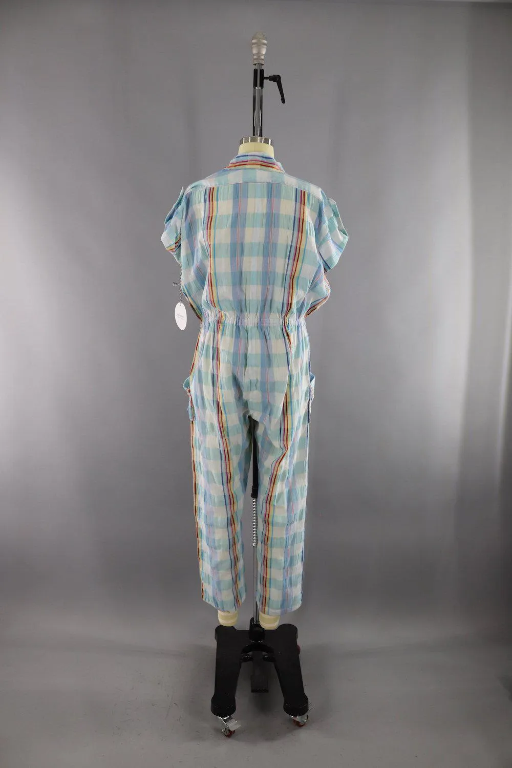 Vintage 1980s Blue and White Plaid Cotton Gauze Romper Jumpsuit