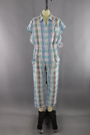 Vintage 1980s Blue and White Plaid Cotton Gauze Romper Jumpsuit