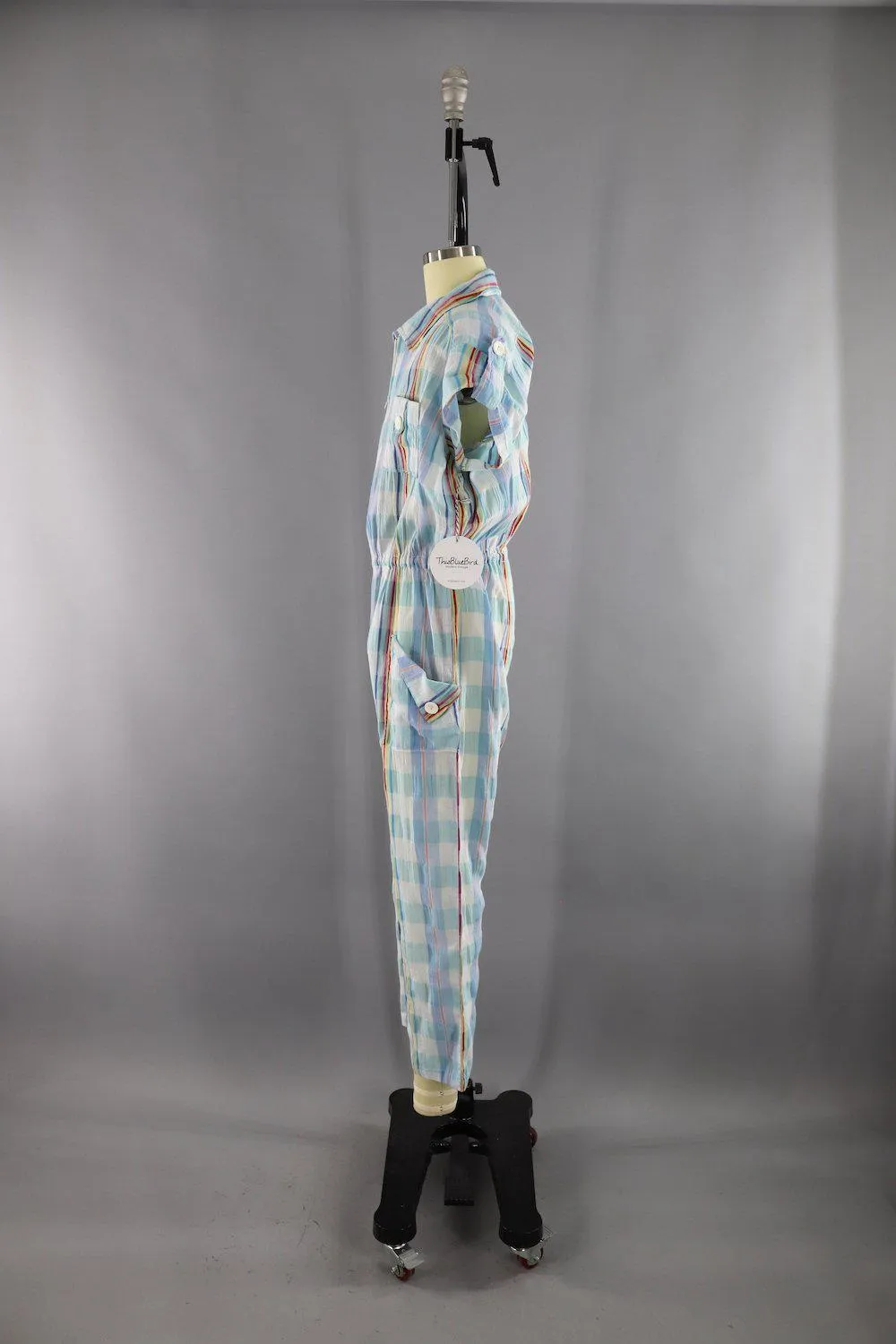 Vintage 1980s Blue and White Plaid Cotton Gauze Romper Jumpsuit