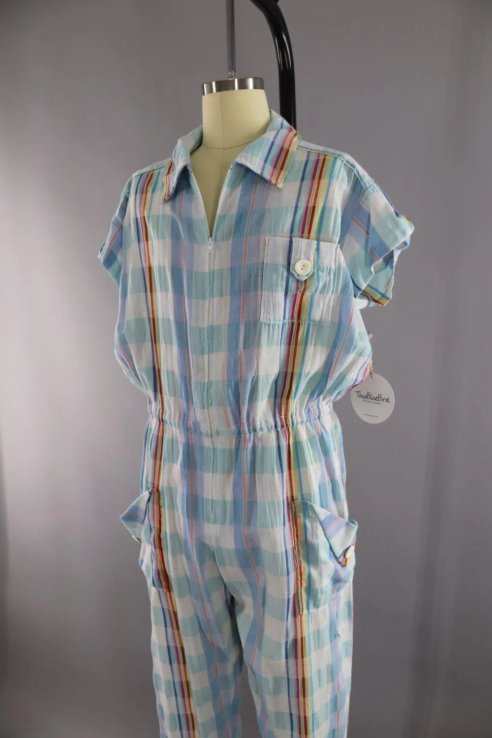 Vintage 1980s Blue and White Plaid Cotton Gauze Romper Jumpsuit
