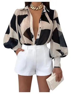 WDIRARA Women's Printed Button Down Bishop Long Sleeve Shirt Collar Blouse Top Multicolor X-Large