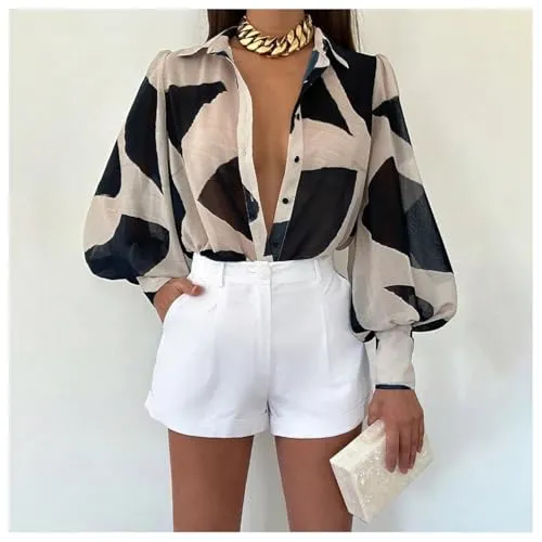 WDIRARA Women's Printed Button Down Bishop Long Sleeve Shirt Collar Blouse Top Multicolor X-Large