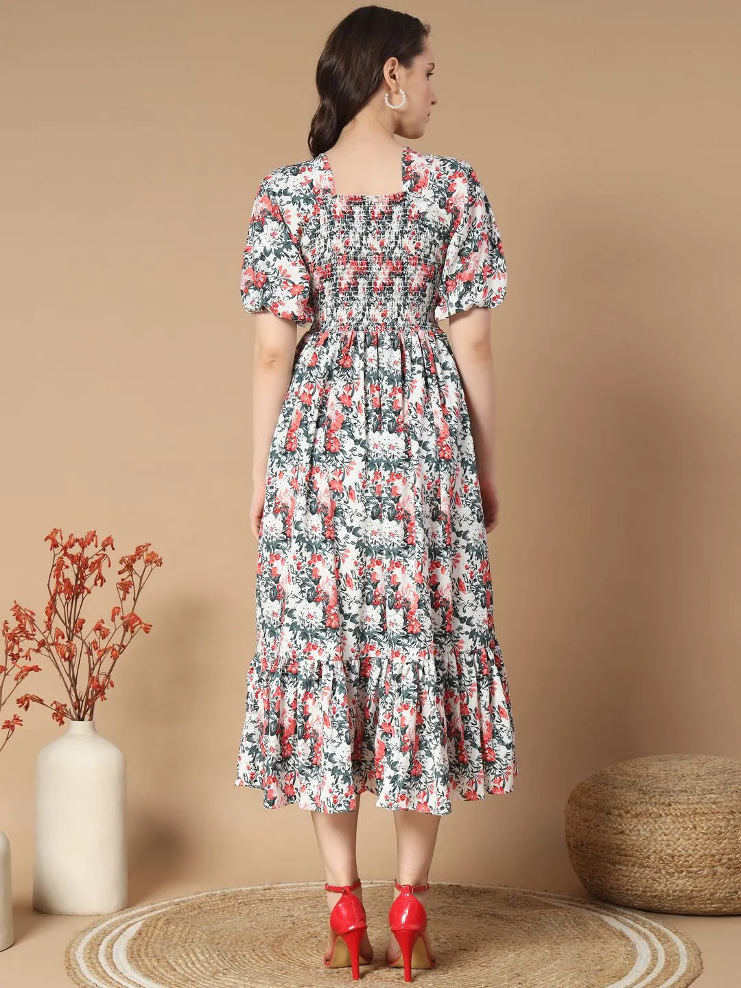 White Floral print Midi Dress