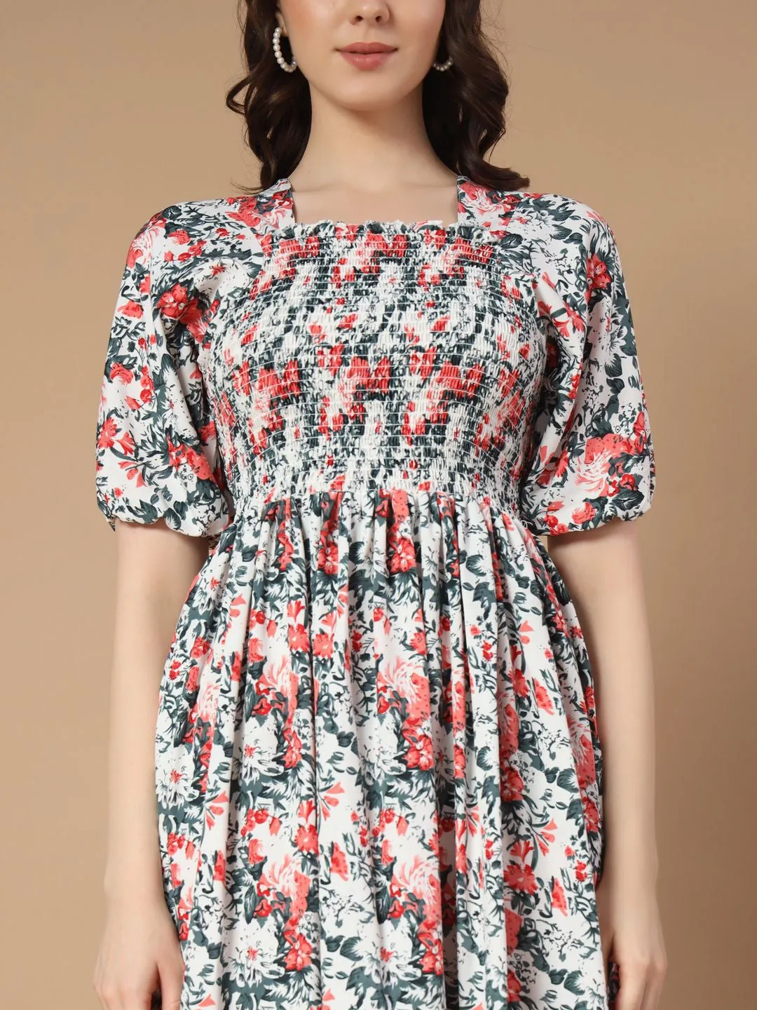 White Floral print Midi Dress