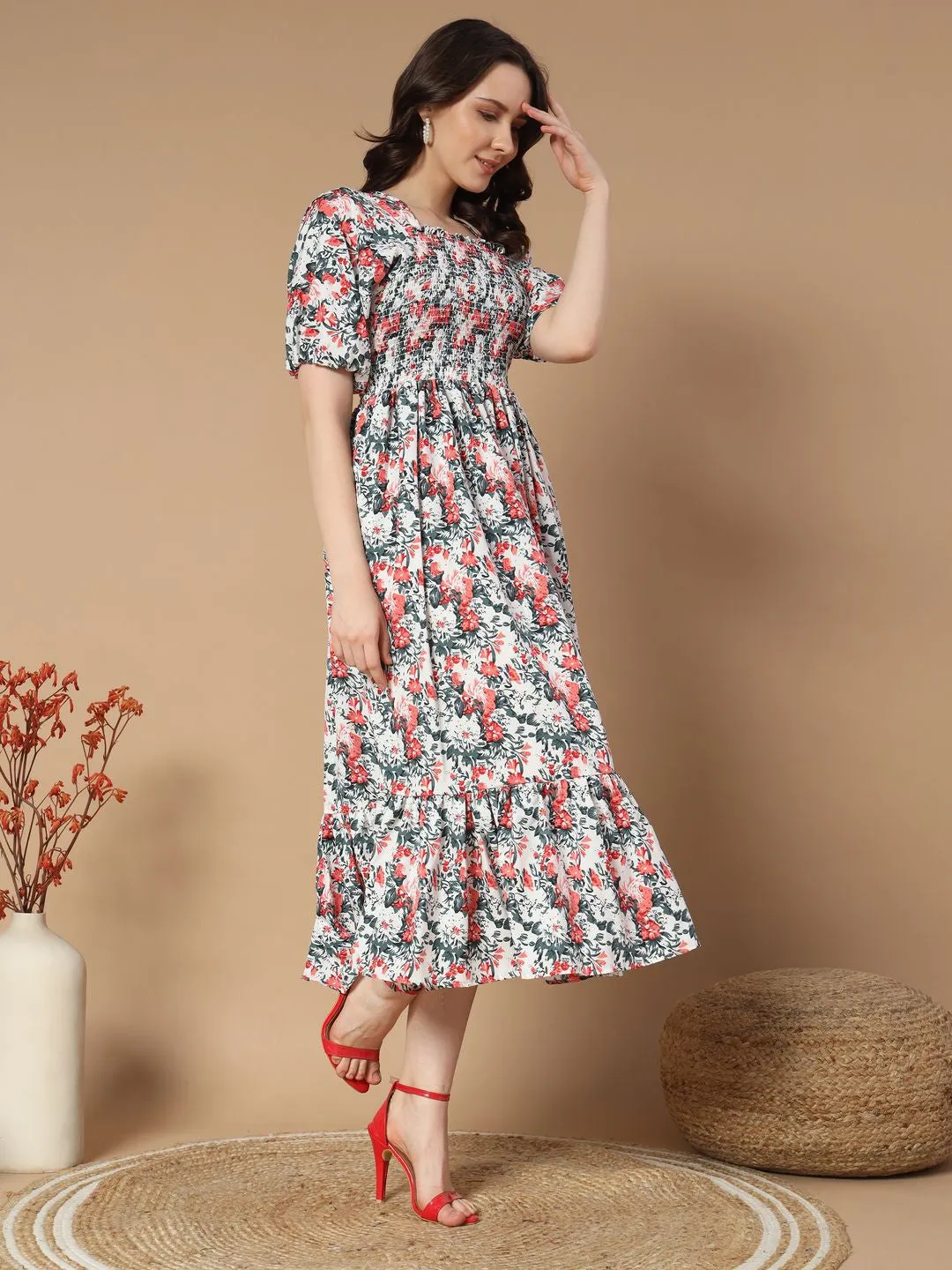 White Floral print Midi Dress