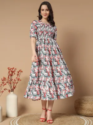 White Floral print Midi Dress