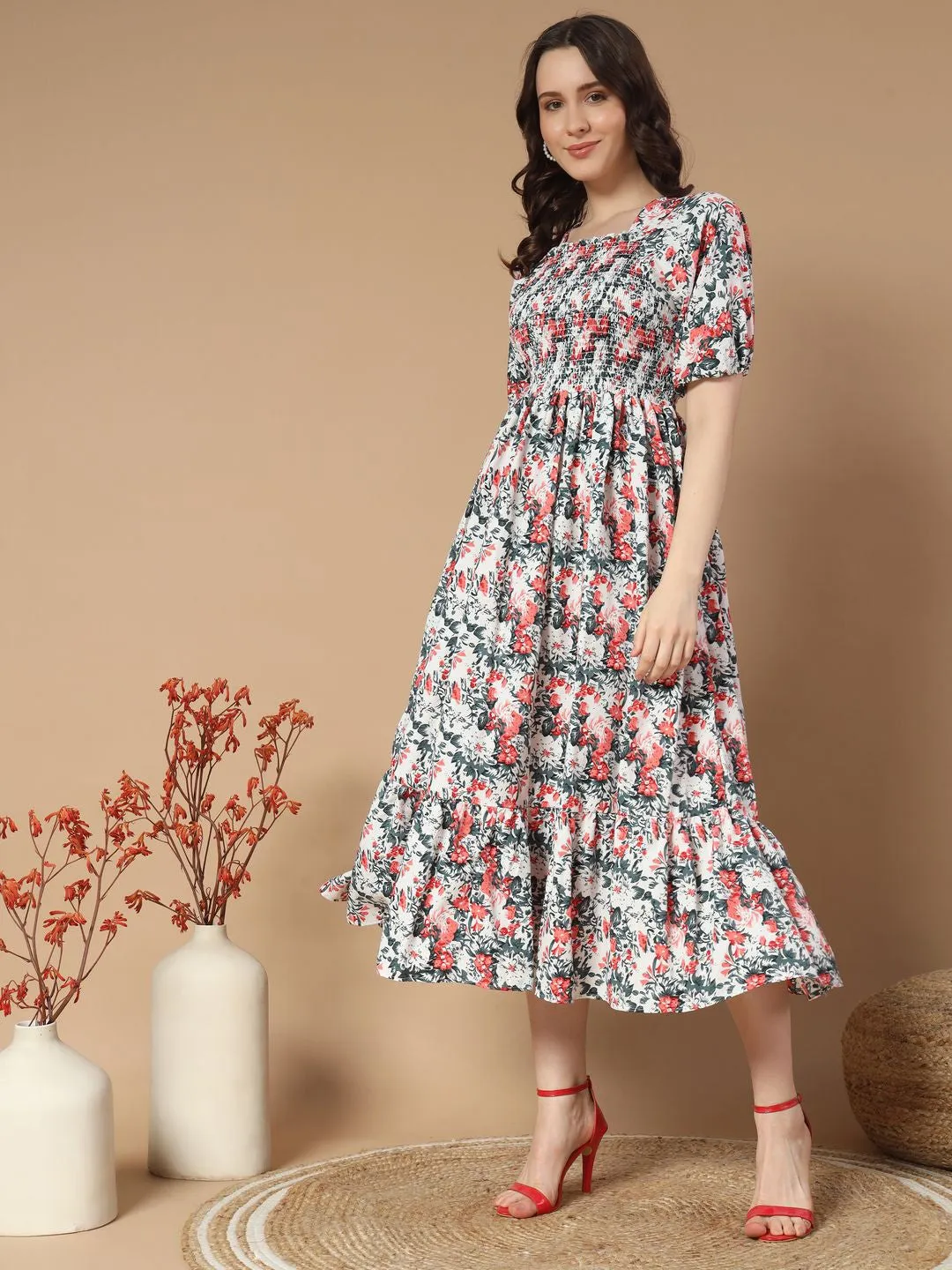 White Floral print Midi Dress