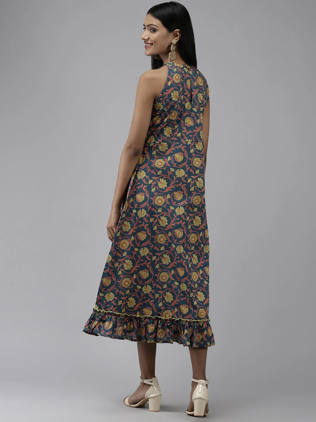 Women Teal Floral Ethnic A-Line Midi Dress