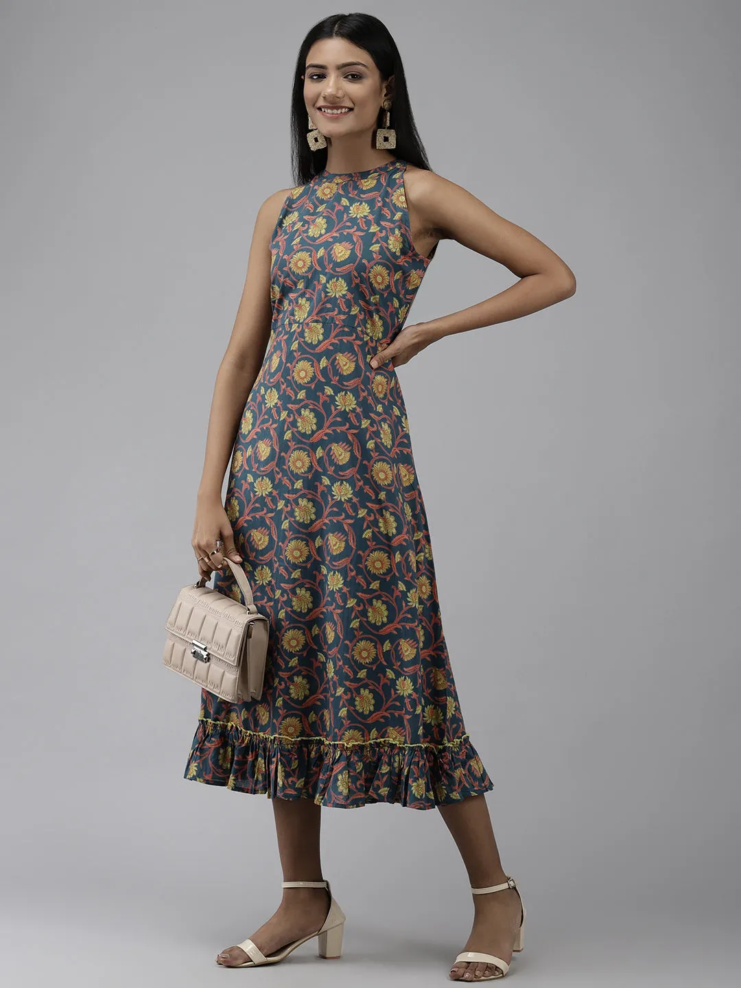 Women Teal Floral Ethnic A-Line Midi Dress