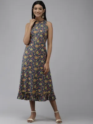 Women Teal Floral Ethnic A-Line Midi Dress
