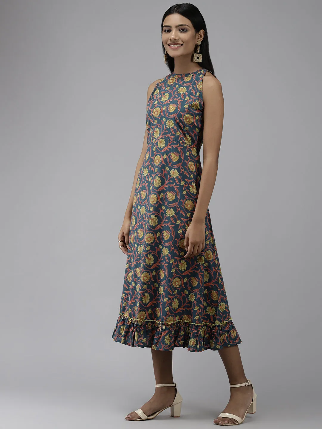 Women Teal Floral Ethnic A-Line Midi Dress