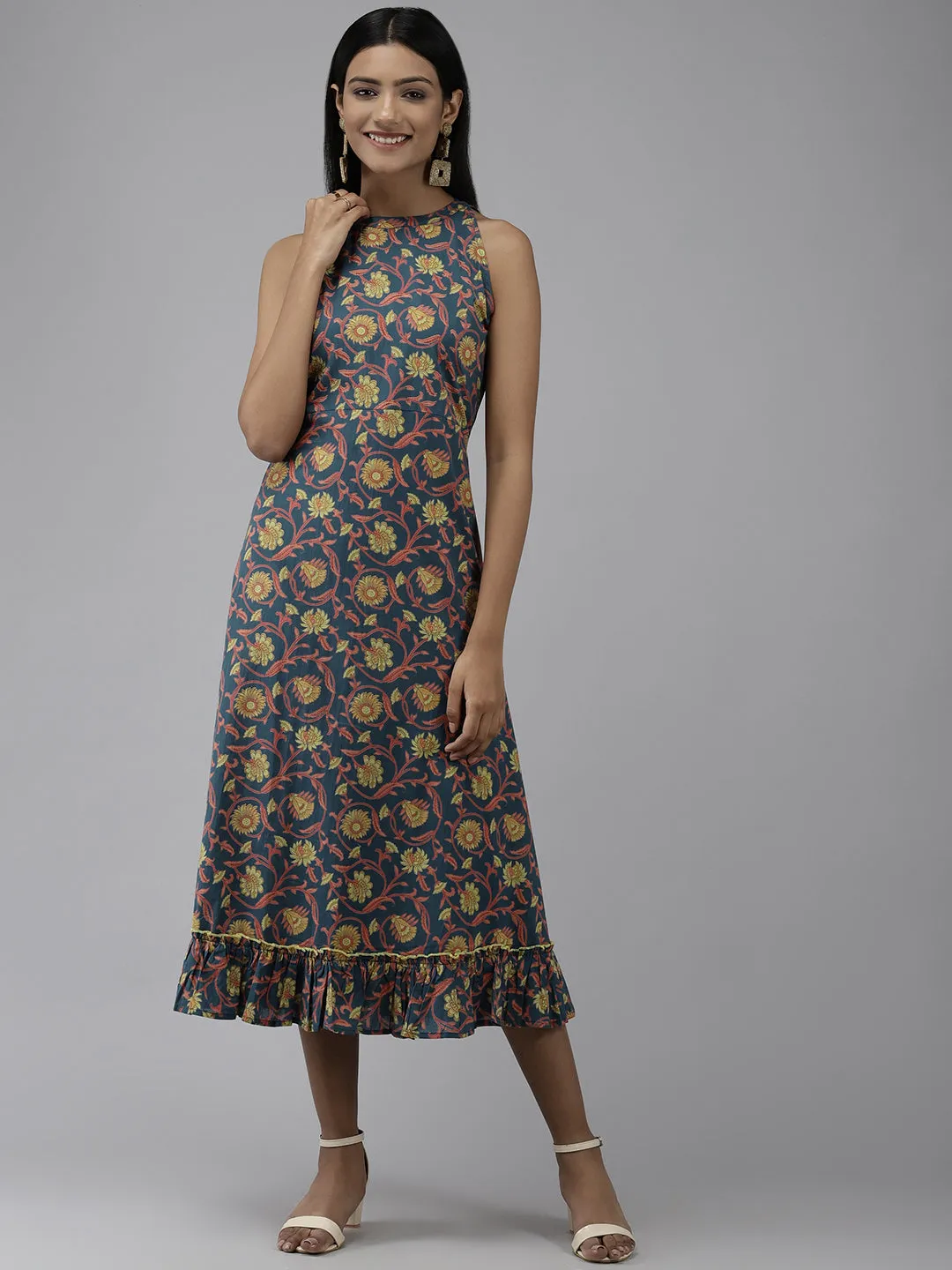 Women Teal Floral Ethnic A-Line Midi Dress
