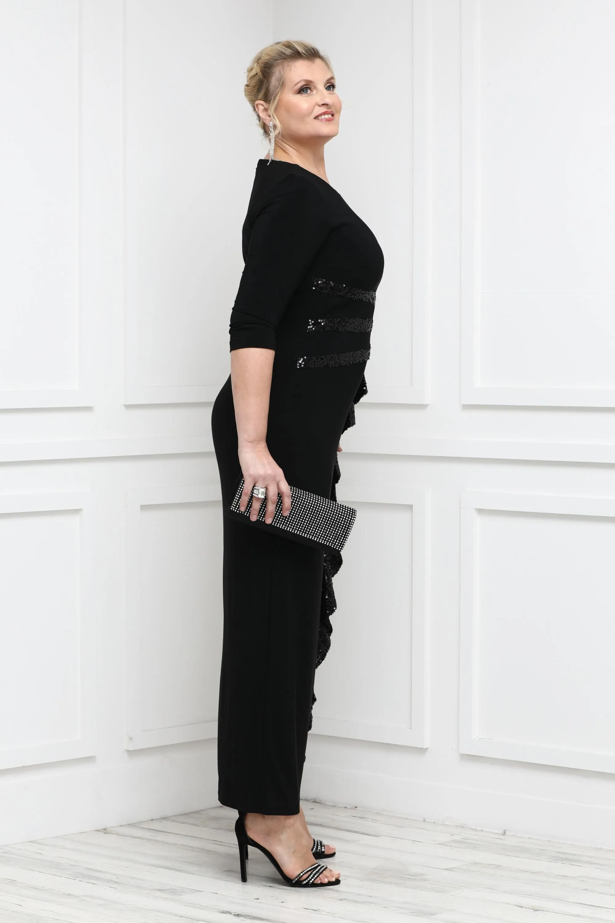 Women's Elbow Sleeve Sequin Embellished Cascade Evening Gown - Mother of the Bride Gown
