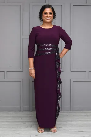 Women's Elbow Sleeve Sequin Embellished Cascade Evening Gown - Mother of the Bride Gown