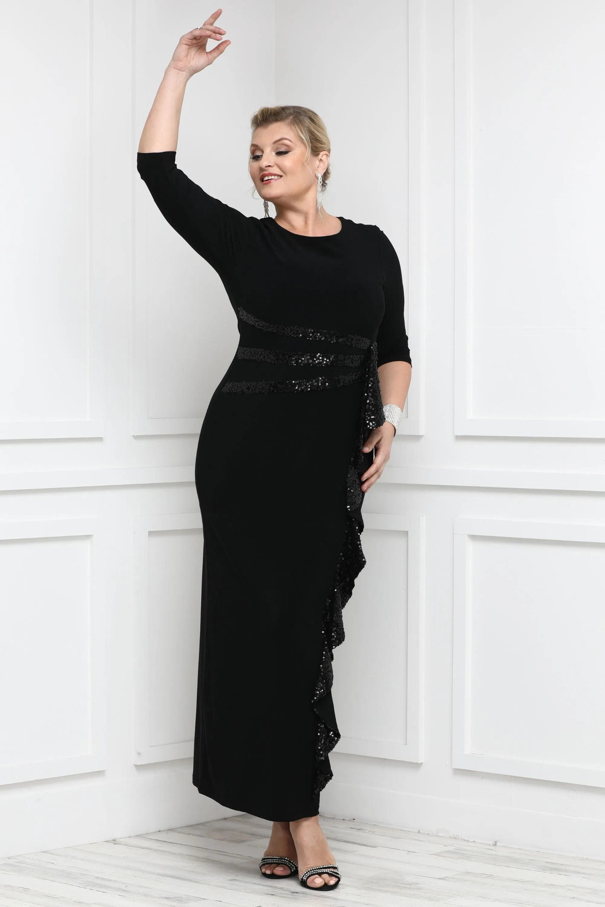 Women's Elbow Sleeve Sequin Embellished Cascade Evening Gown - Mother of the Bride Gown