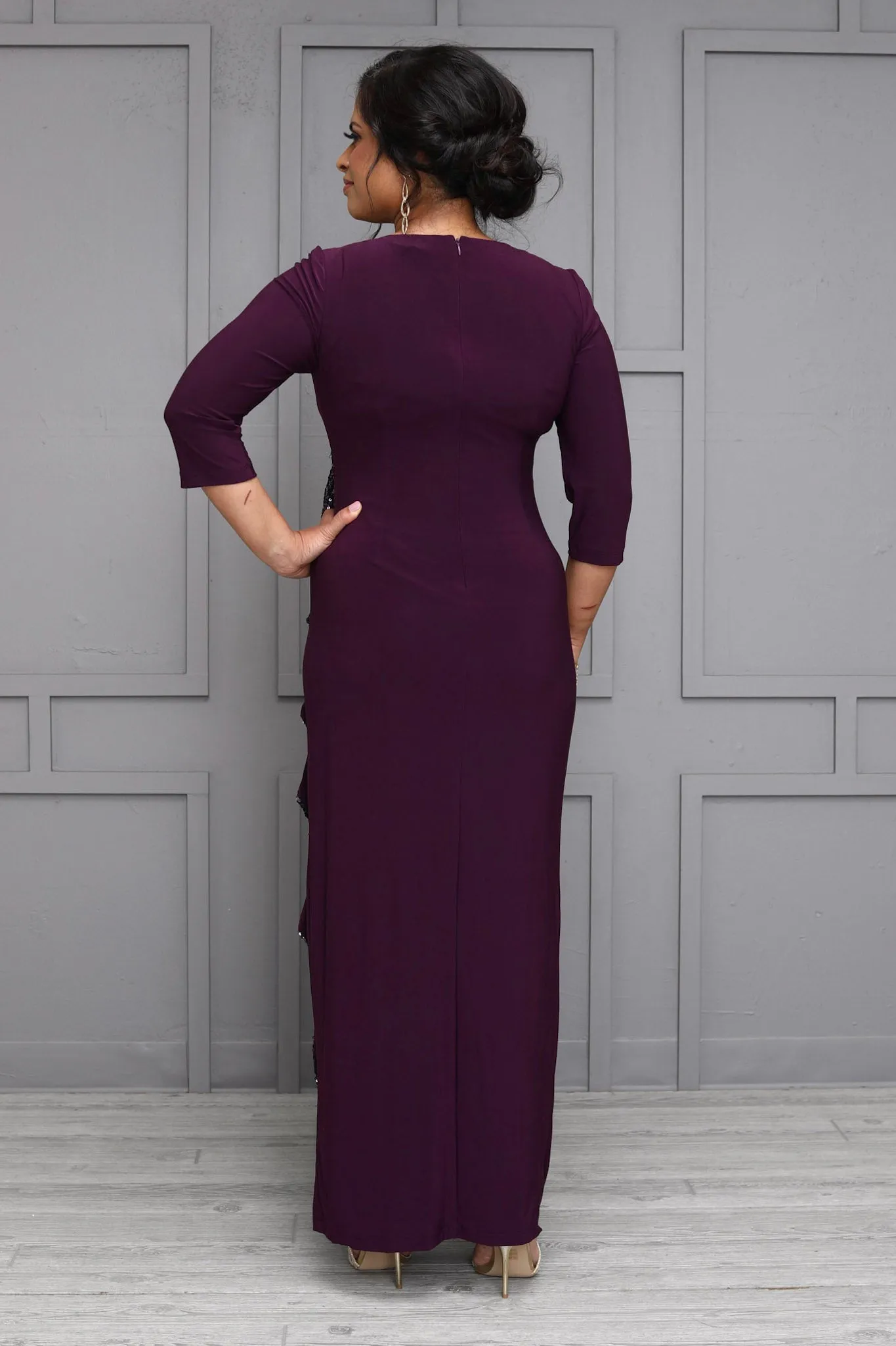 Women's Elbow Sleeve Sequin Embellished Cascade Evening Gown - Mother of the Bride Gown