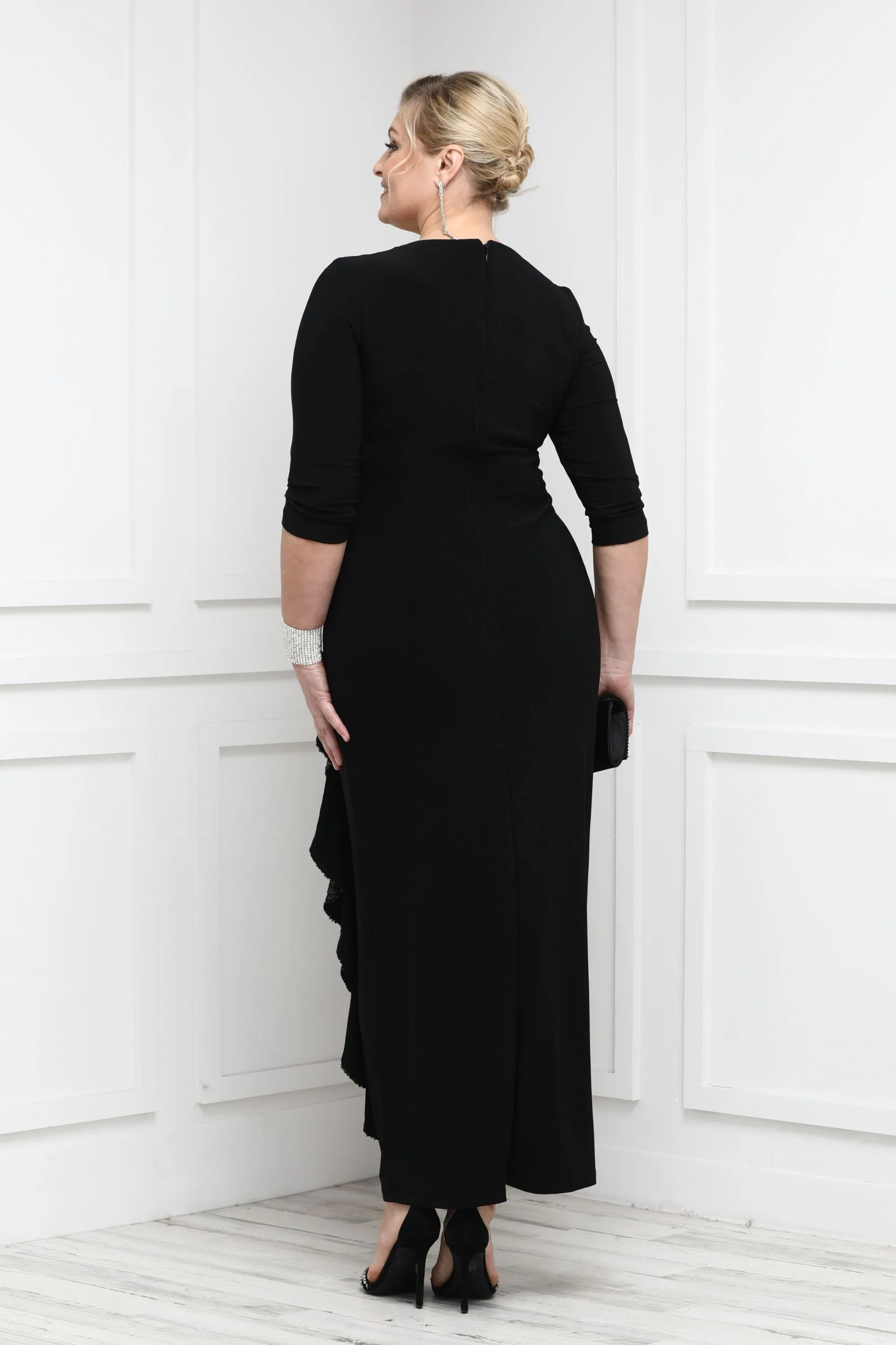 Women's Elbow Sleeve Sequin Embellished Cascade Evening Gown - Mother of the Bride Gown