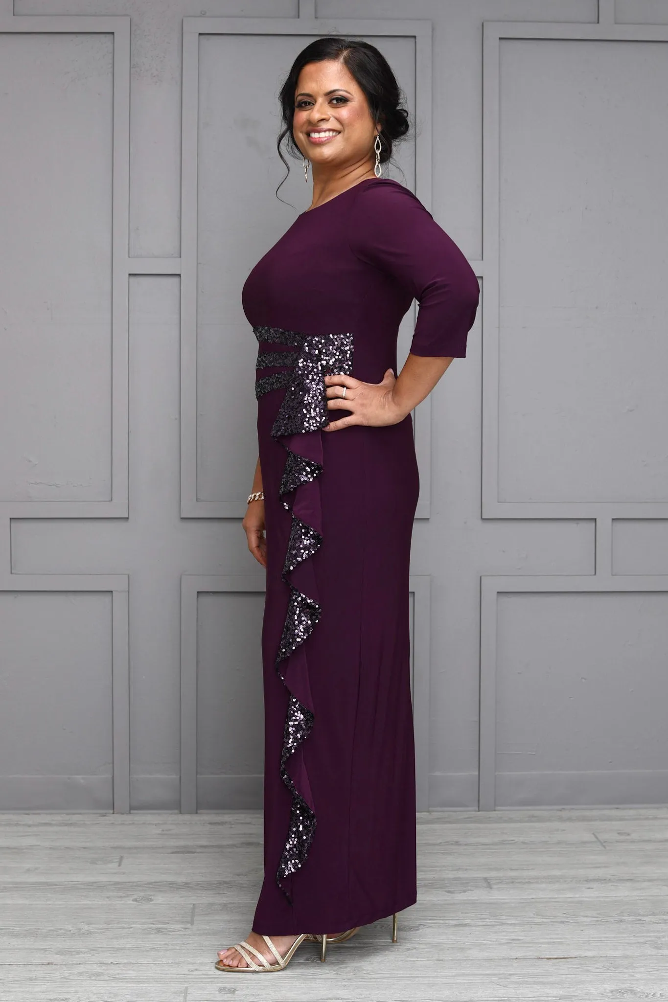 Women's Elbow Sleeve Sequin Embellished Cascade Evening Gown - Mother of the Bride Gown