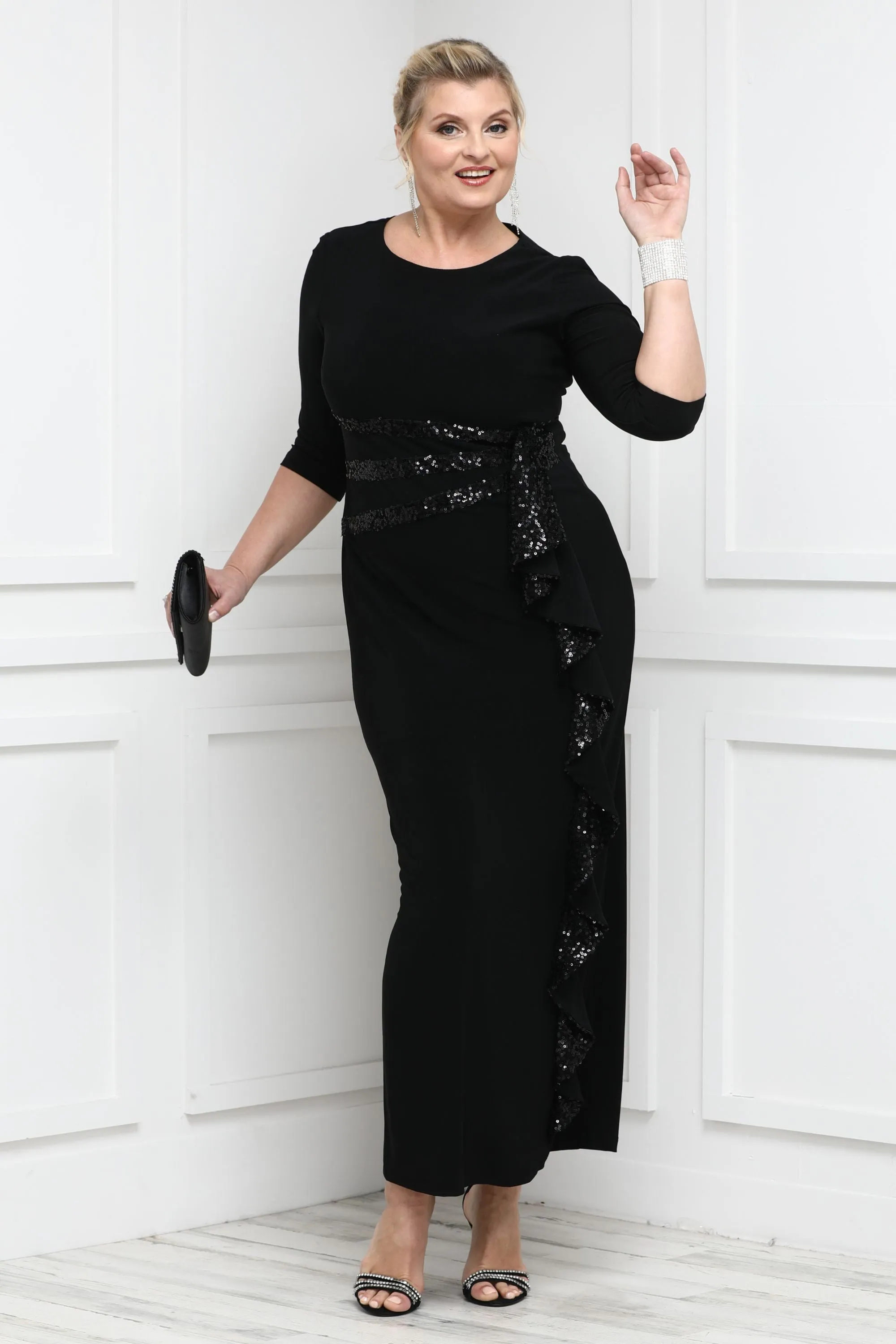 Women's Elbow Sleeve Sequin Embellished Cascade Evening Gown - Mother of the Bride Gown