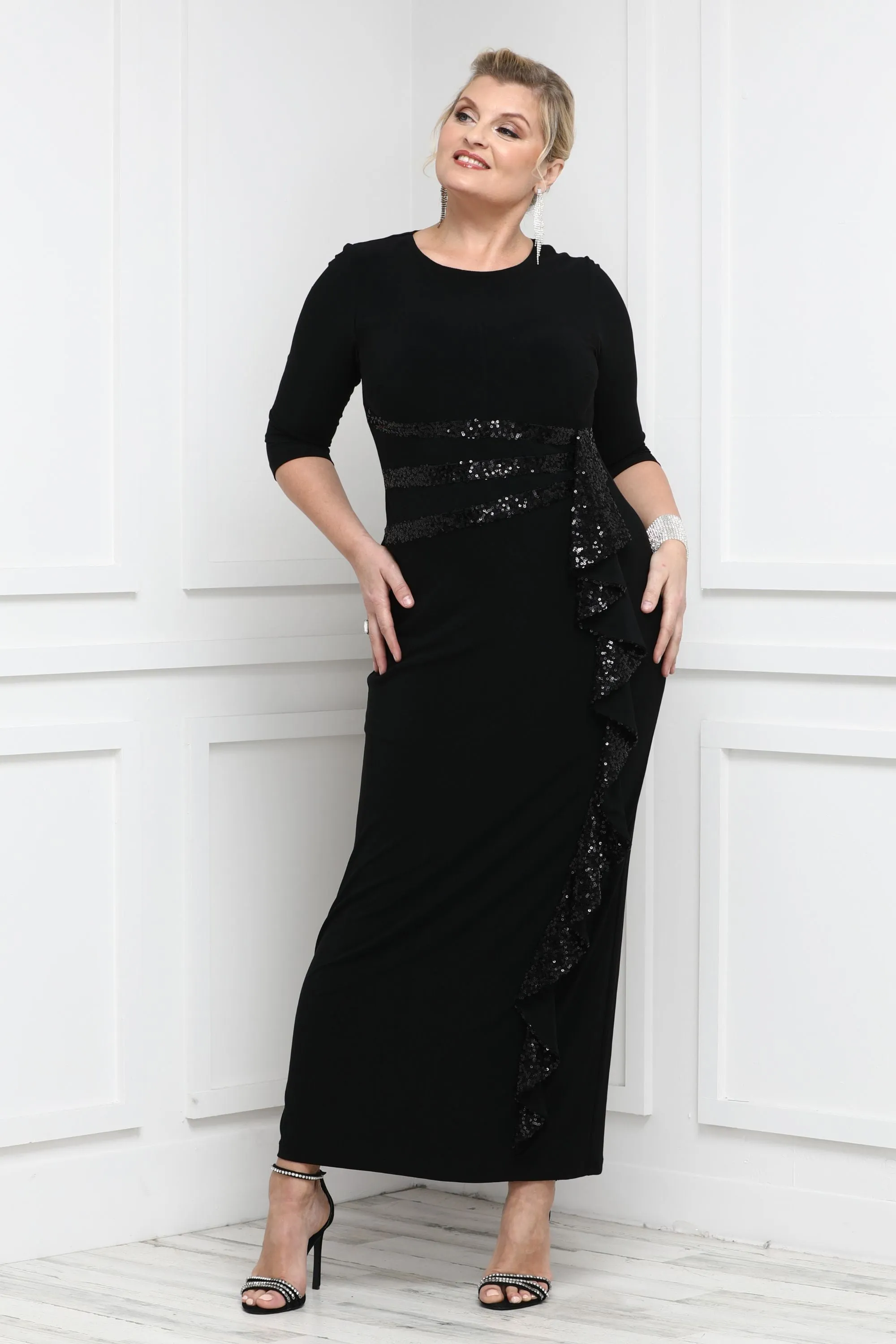 Women's Elbow Sleeve Sequin Embellished Cascade Evening Gown - Mother of the Bride Gown