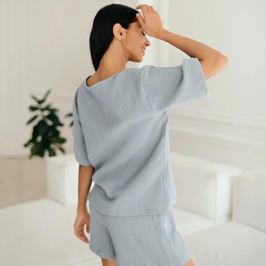 Women's Loose Double-layer Gauze Short-sleeved Shirt and Shorts Two-piece Pajamas Set