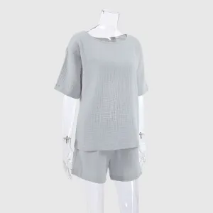 Women's Loose Double-layer Gauze Short-sleeved Shirt and Shorts Two-piece Pajamas Set