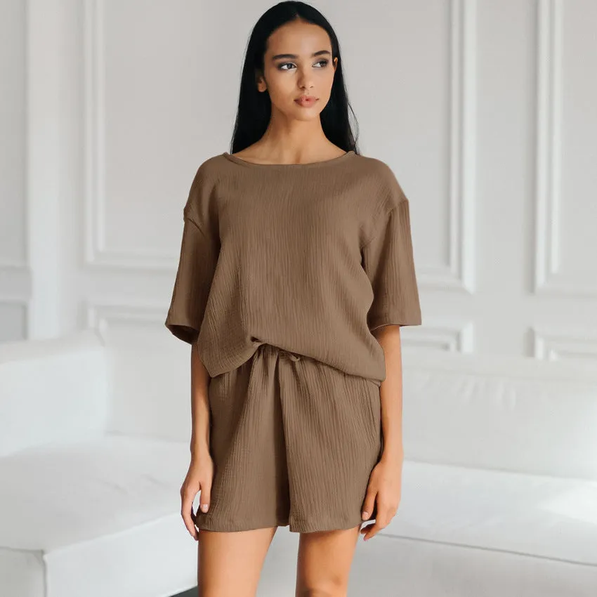 Women's Loose Double-layer Gauze Short-sleeved Shirt and Shorts Two-piece Pajamas Set
