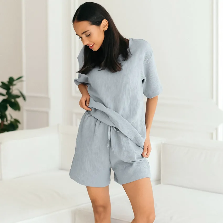 Women's Loose Double-layer Gauze Short-sleeved Shirt and Shorts Two-piece Pajamas Set