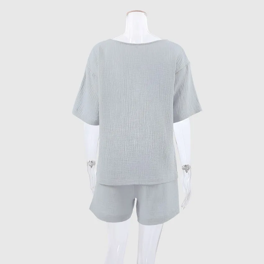 Women's Loose Double-layer Gauze Short-sleeved Shirt and Shorts Two-piece Pajamas Set