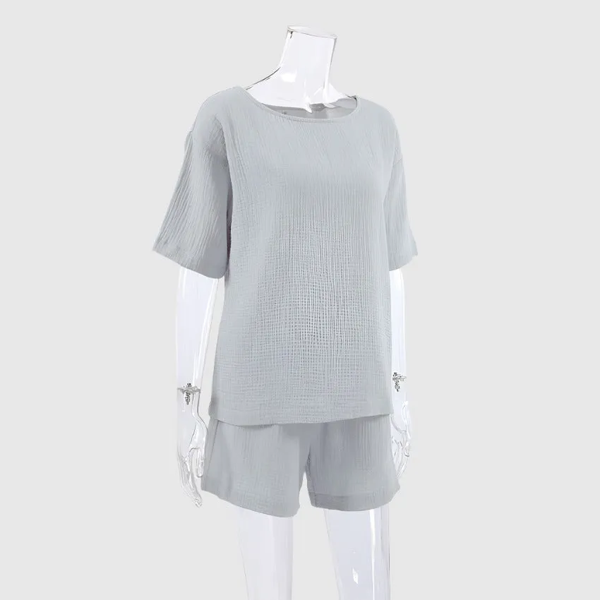 Women's Loose Double-layer Gauze Short-sleeved Shirt and Shorts Two-piece Pajamas Set