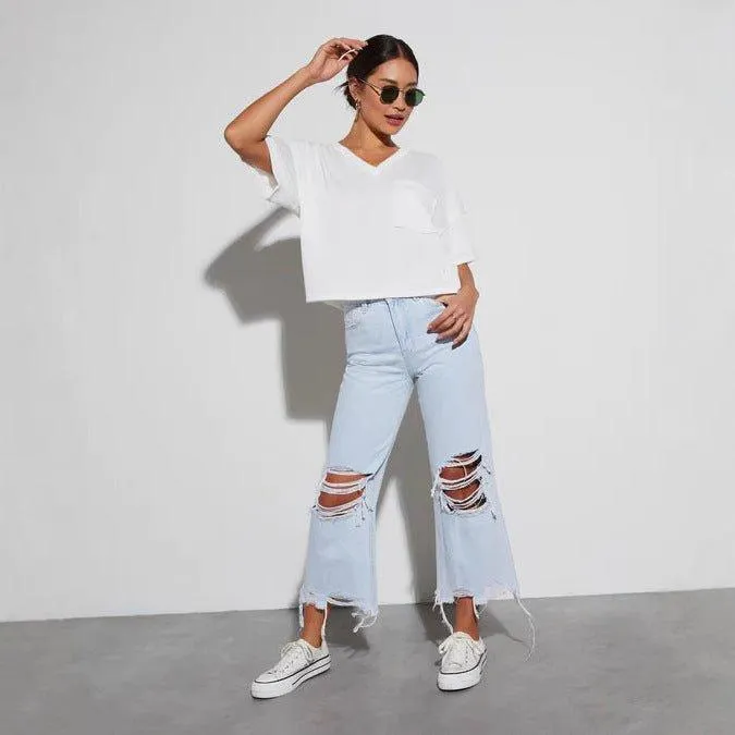 Women’s Mid Waist Ripped Cropped Jeans – Loose Fit Casual Denim Pants