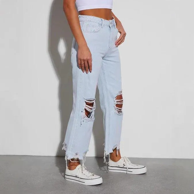 Women’s Mid Waist Ripped Cropped Jeans – Loose Fit Casual Denim Pants