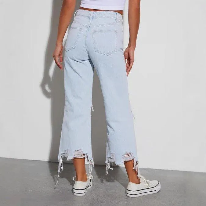 Women’s Mid Waist Ripped Cropped Jeans – Loose Fit Casual Denim Pants