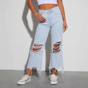 Women’s Mid Waist Ripped Cropped Jeans – Loose Fit Casual Denim Pants