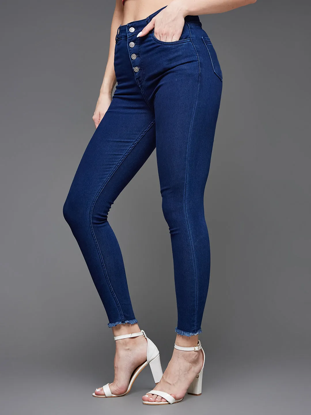Women's Navy Blue Skinny High Rise Fringed Hemline Cropped Stretchable Denim Jeans