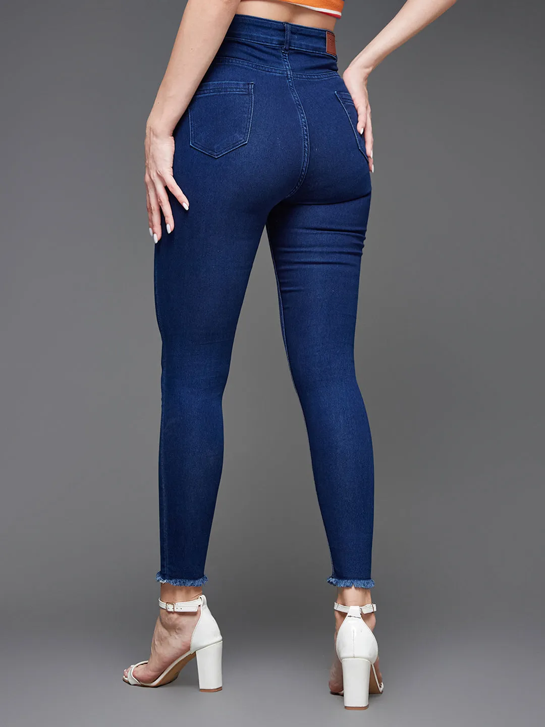 Women's Navy Blue Skinny High Rise Fringed Hemline Cropped Stretchable Denim Jeans