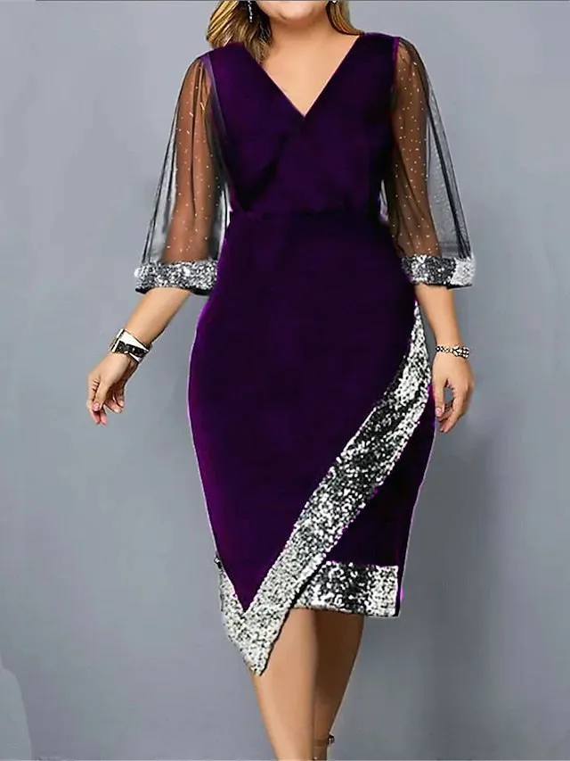 Women's Plus Size Party Dress Sequin Dress Sheath Dress Plain Midi Dress Half Sleeve Mesh Patchwork V Neck Fashion Party Black Wine Summer Spring L XL XXL 3XL 4XL