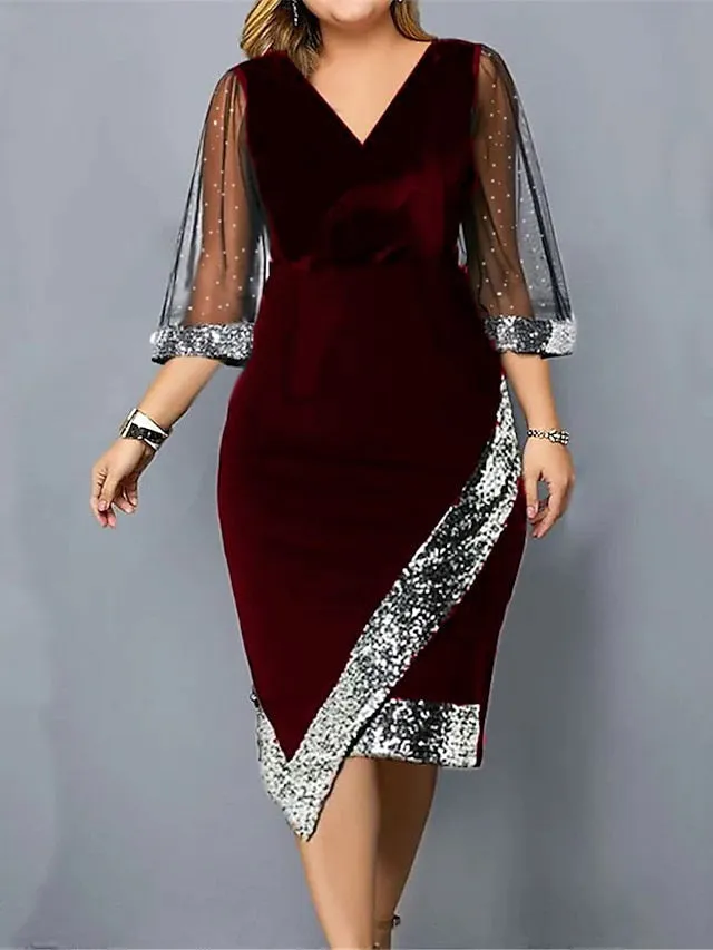 Women's Plus Size Party Dress Sequin Dress Sheath Dress Plain Midi Dress Half Sleeve Mesh Patchwork V Neck Fashion Party Black Wine Summer Spring L XL XXL 3XL 4XL