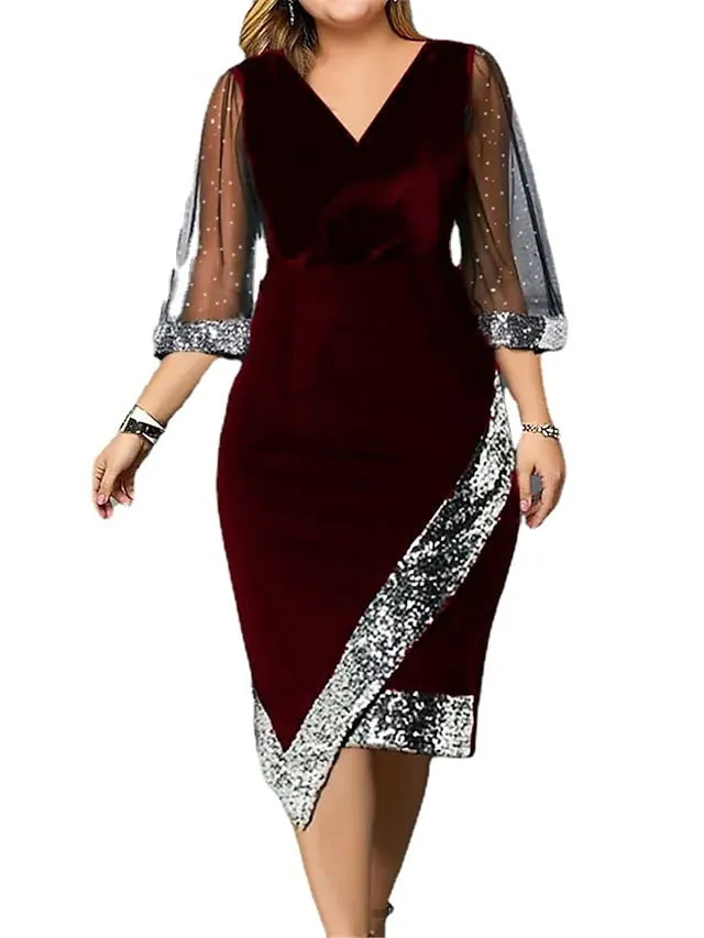 Women's Plus Size Party Dress Sequin Dress Sheath Dress Plain Midi Dress Half Sleeve Mesh Patchwork V Neck Fashion Party Black Wine Summer Spring L XL XXL 3XL 4XL