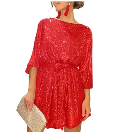 Women’s Sequin Party Dress with a Belt - Black Beads