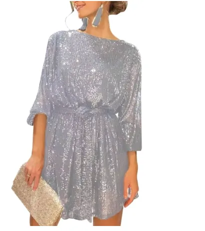 Women’s Sequin Party Dress with a Belt - Black Beads