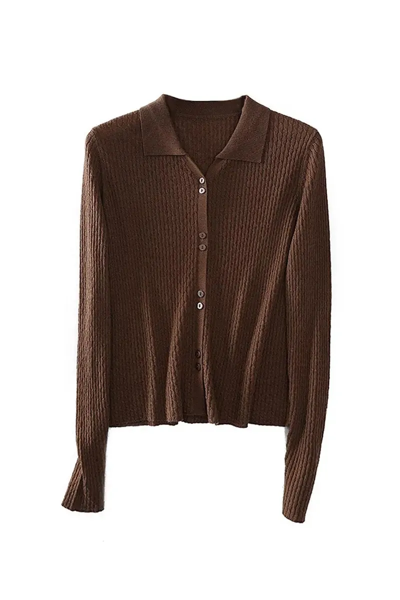 Wool Blend Open Front Long Sleeve Polo Cardigan