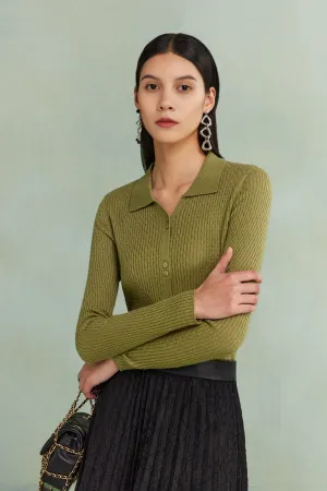 Wool Blend Open Front Long Sleeve Polo Cardigan