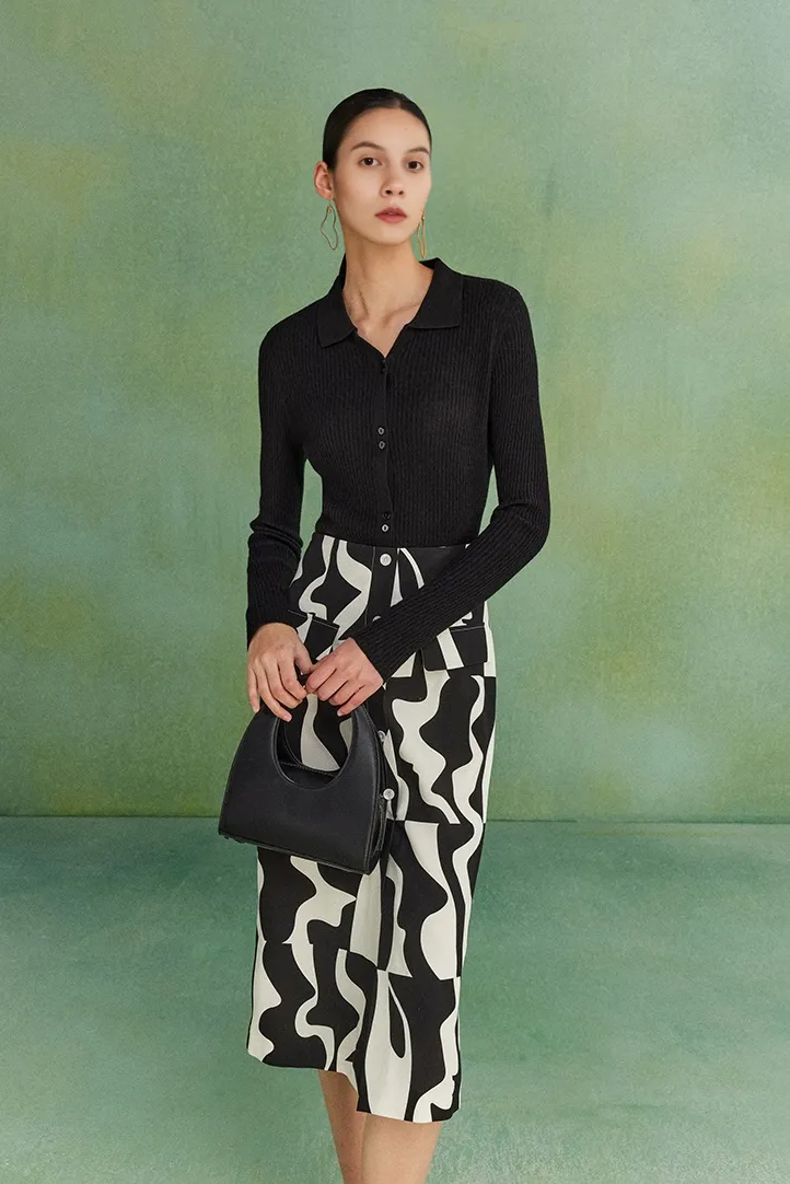 Wool Blend Open Front Long Sleeve Polo Cardigan